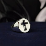 Load image into Gallery viewer, This handmade Christian cross ring is a unisex design, crafted from high-quality silver for a timeless and elegant look. The crucifix signet band represents devotion and belief, making it an ideal religious ring for both men and women. Whether worn as a daily reminder of faith or given as a Christian gift, this ring is perfect for Christmas, Easter, or any meaningful spiritual occasion, adding both style and significance.
