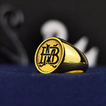 Load image into Gallery viewer, A unique personalized two-initial ring designed for everyday elegance. This handmade signet piece, available in gold or silver, features engraved letters that celebrate individuality. Whether for yourself or as a meaningful present, this name jewelry is a stylish way to carry initials, making it an ideal gift for birthdays, weddings, or anniversaries. A blend of class and customization.
