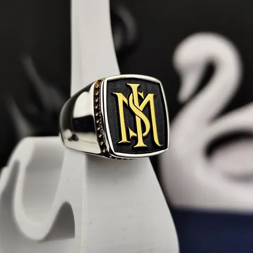 Men's Initial Signet Ring with Black Stone