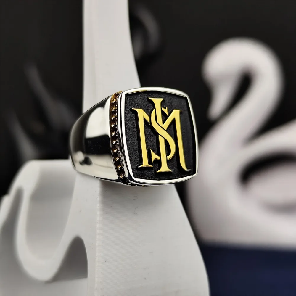Men's Initial Signet Ring with Black Stone