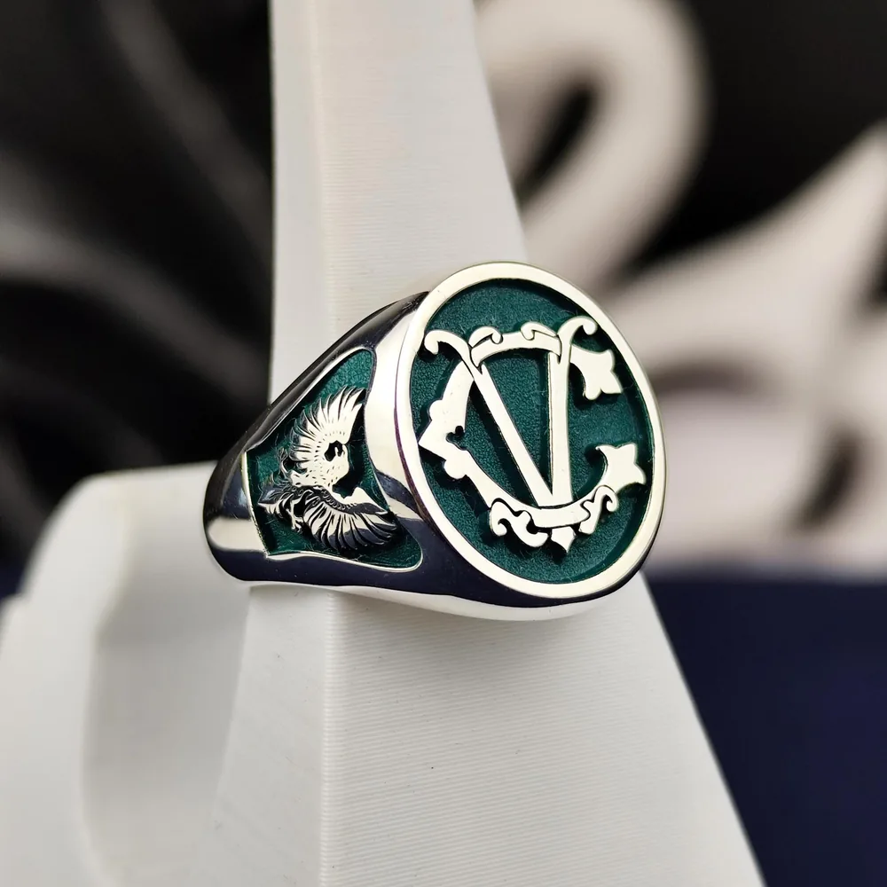Green Enamel Initial Signet Ring