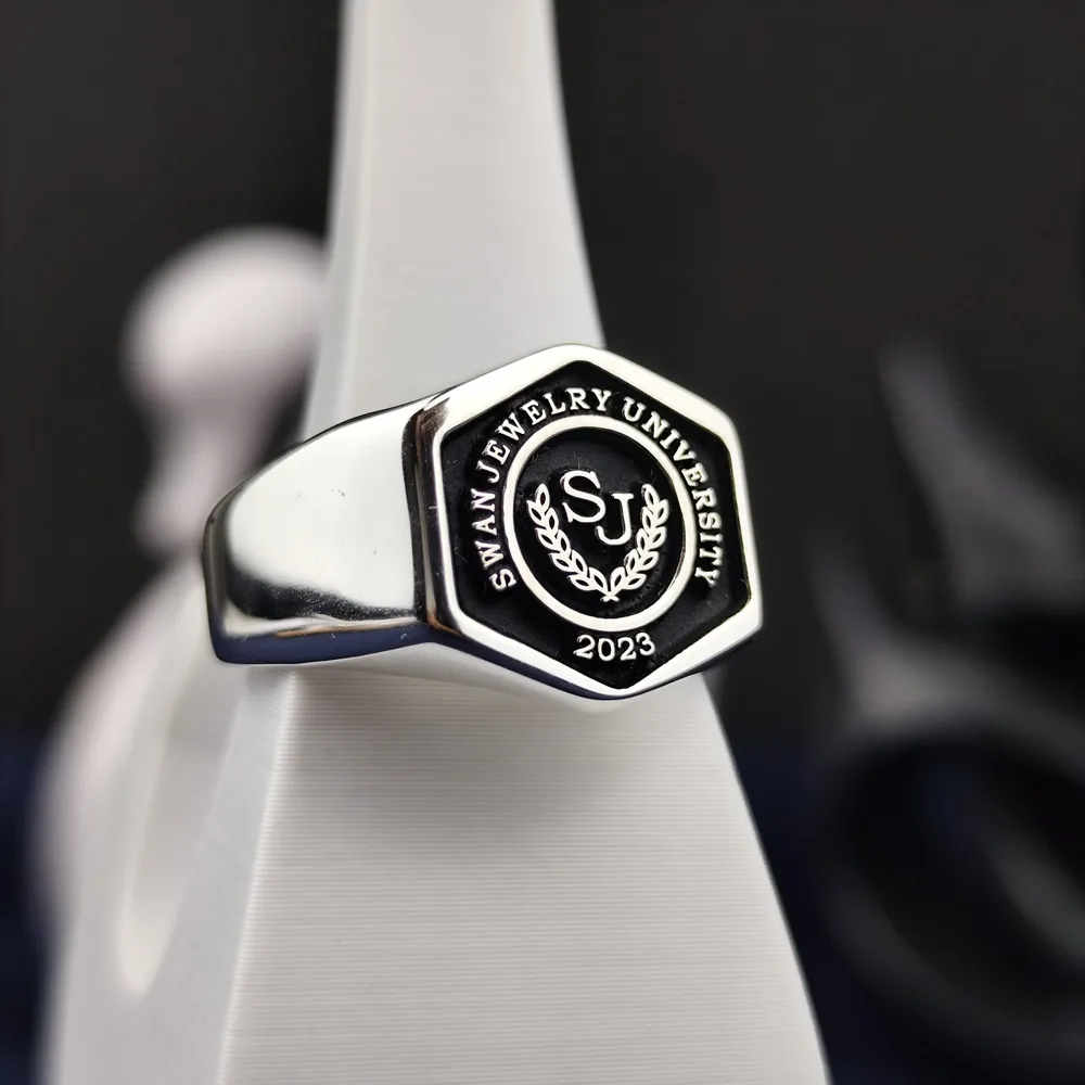 Hexagon Silver University Ring for Men