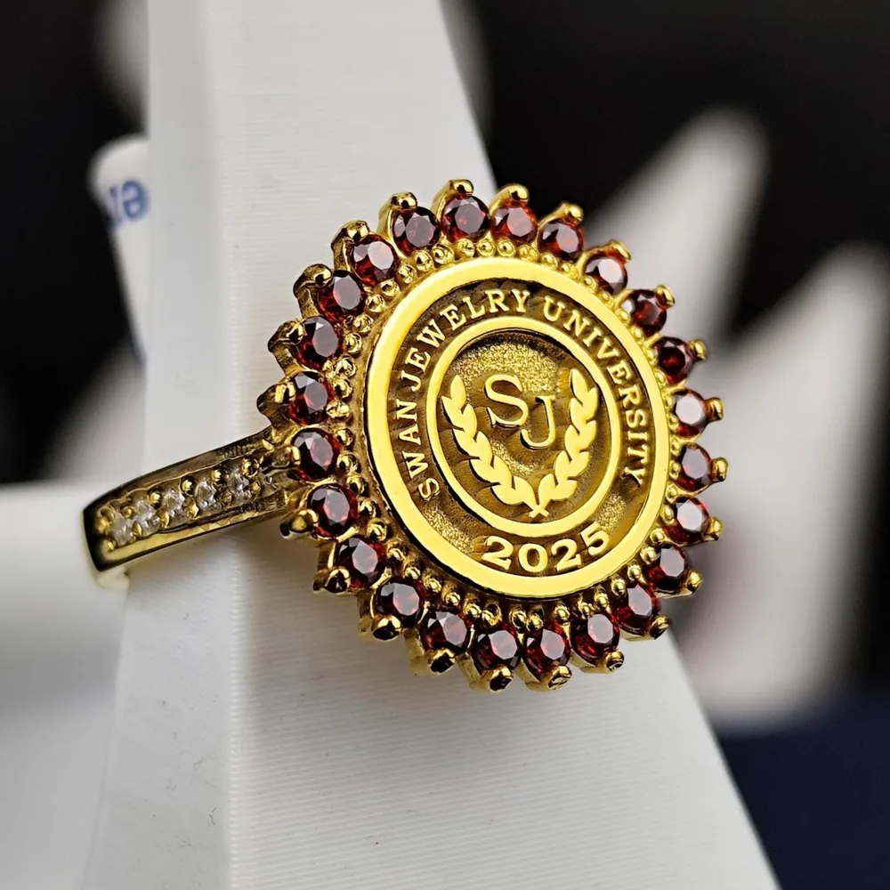 Handmade Gold Plated University Ring with Red Stone