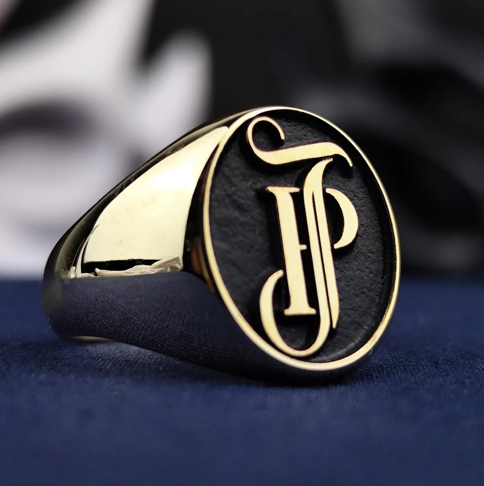 14K Gold Letter Ring with Black Enamel