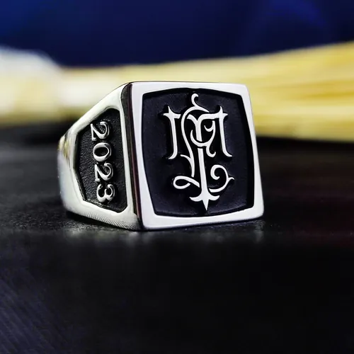 Square Silver Monogram Ring, Personalized
