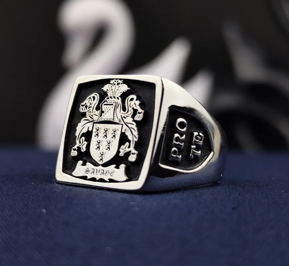 Black Enamel Family Crest Signet Ring