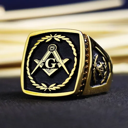 Gold Plated Masonic Signet Ring, Freemason Square Compass, Master Mason Gift Him