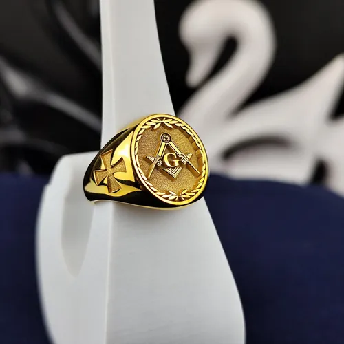 Gold Plated Masonic Ring – Classic Square & Compass Signet for Freemason Men – Symbolic Gold Jewelry