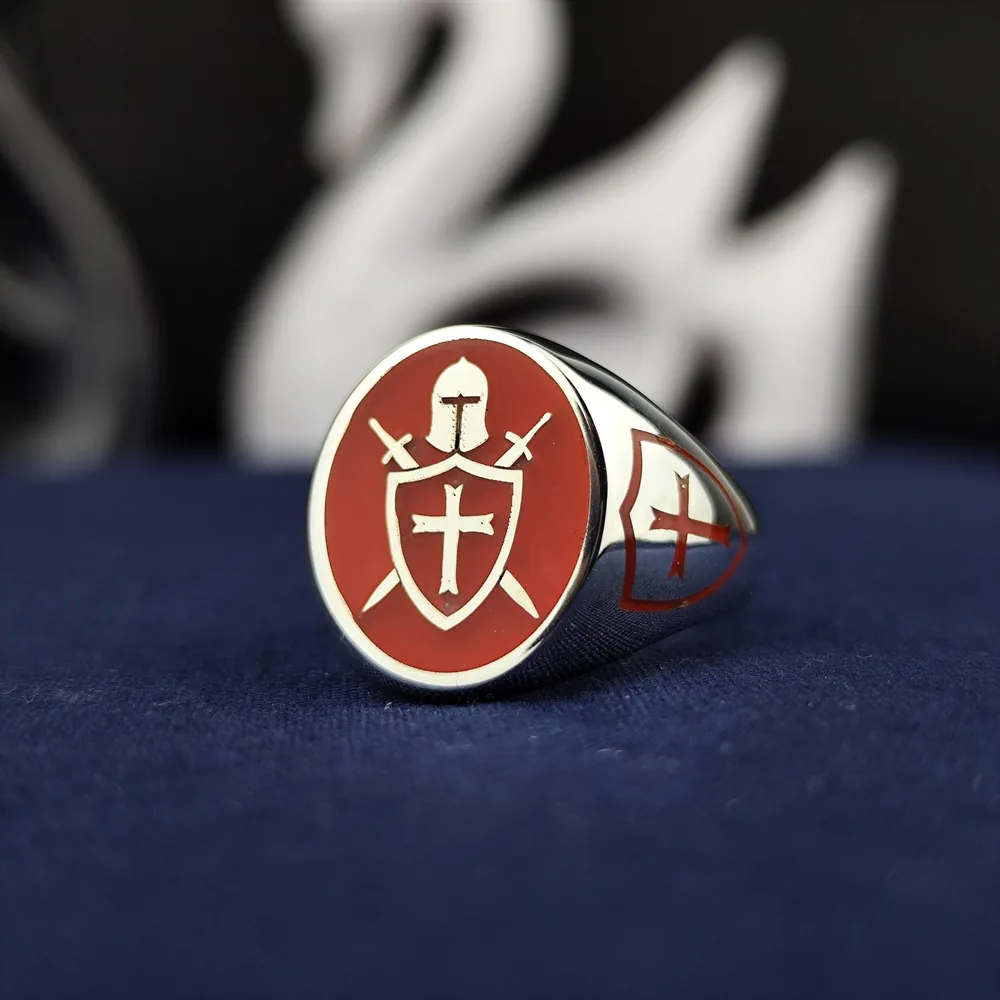 Red Enamel Crusader Shield Signet Ring: 925 Sterling Silver Knight Jewelry