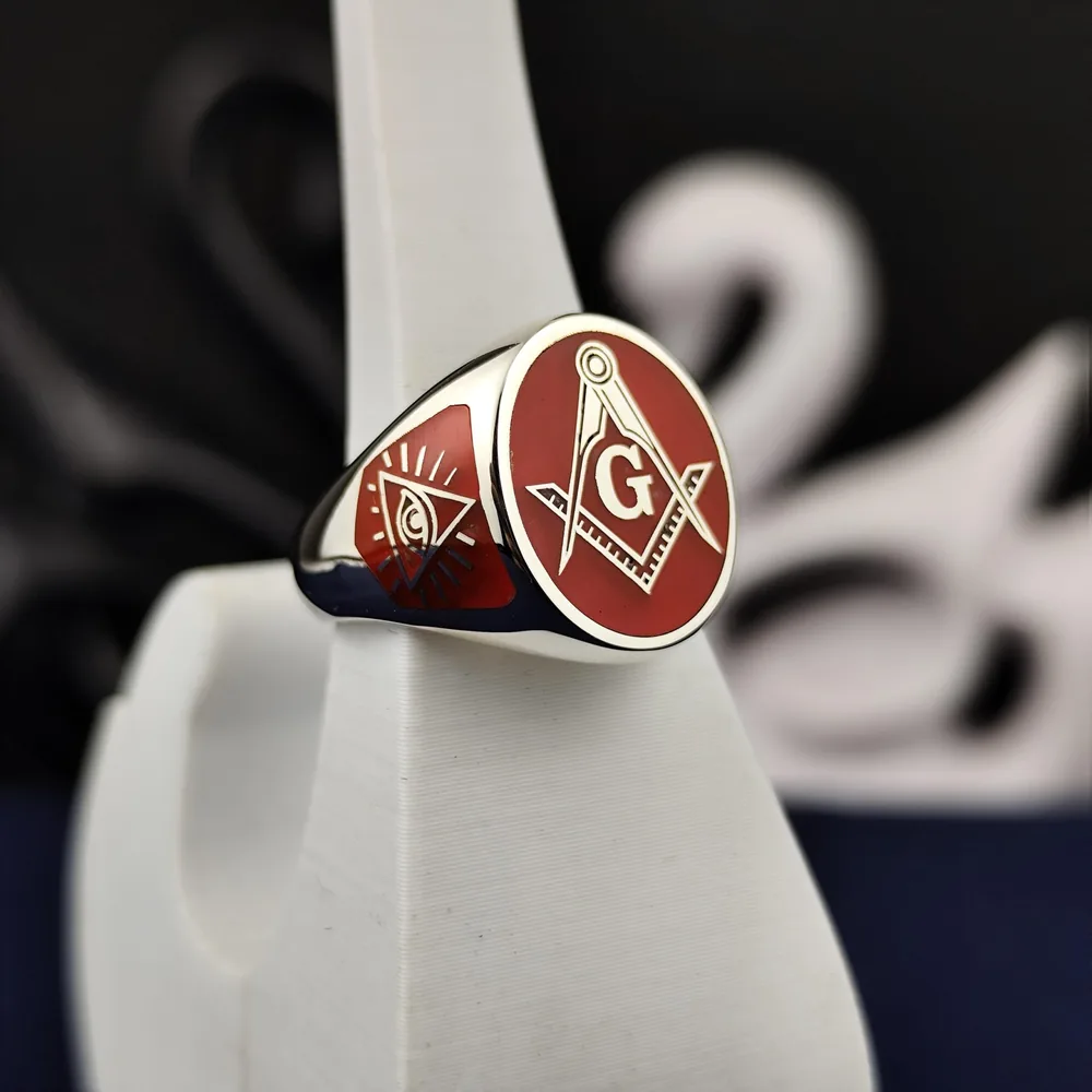 Red Enamel Masonic Ring: Sterling Silver Compass, Square & All-Seeing Eye