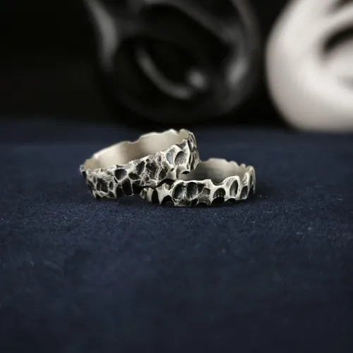 Sterling Silver Couple Rings, Oxidized Brutalist Bands, Lava Rock Texture Jewelry