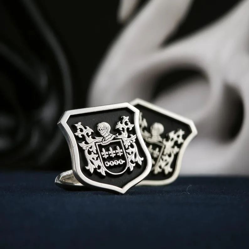 Custom Family Crest Cufflinks, Engraved Sterling Silver Coat of Arms, Heraldic Wedding Gift