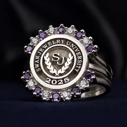 Personalized University Graduation Ring, Purple White Stones, Silver Gold Options