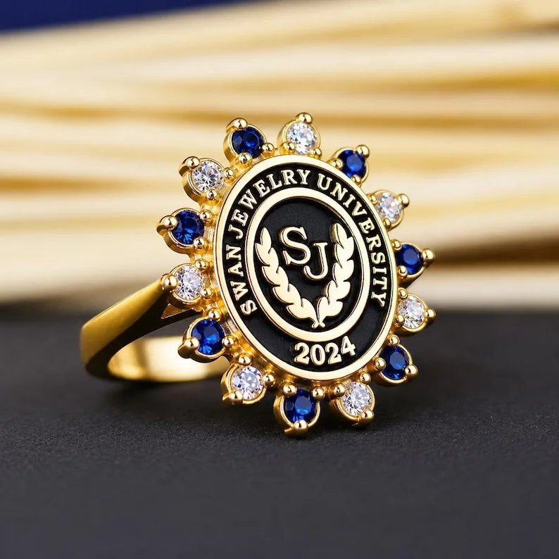 Personalized Gold Plated University Graduation Ring, Blue White Stones College Keepsake