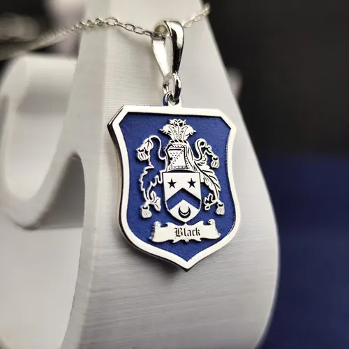 Custom Family Crest Shield Necklace: Blue Enamel Sterling Silver Pendant