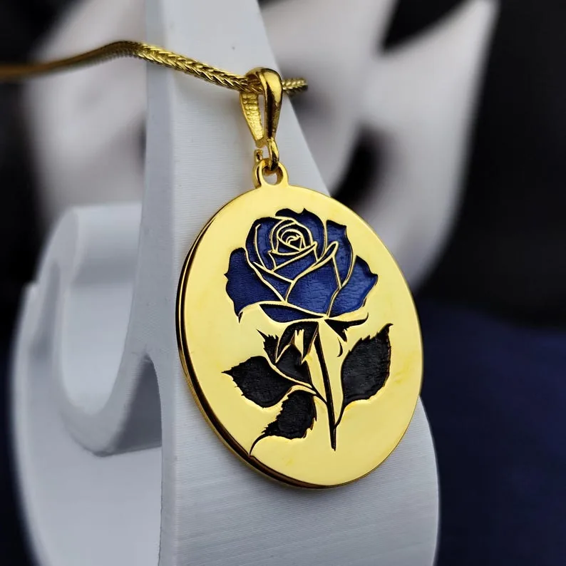 Oval Blue Rose Necklace: Elegant Gold Plated Floral Pendant
