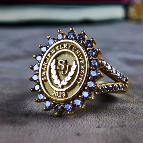 Custom University Class Ring, Gold Plated Oval Signet, White Stone Graduation Gift