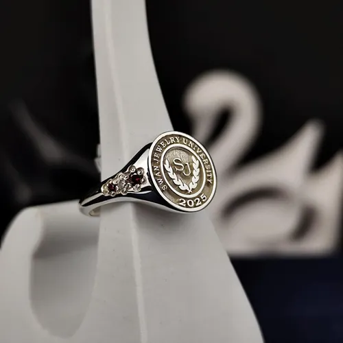 Women's Sterling Silver Three-Stone University Ring - Personalized Graduation Gift
