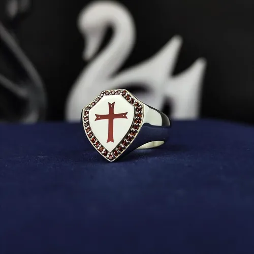 Knights Templar Ring: Sterling Silver Shield, Red Cross - Masonic Crusader