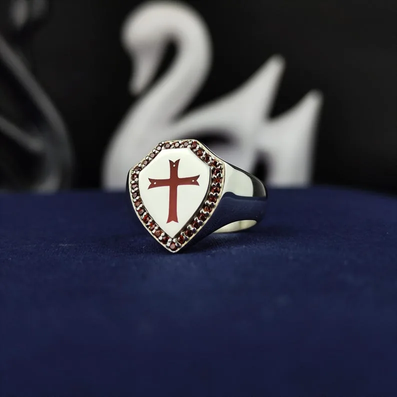 Knights Templar Ring: Sterling Silver Shield, Red Cross - Masonic Crusader