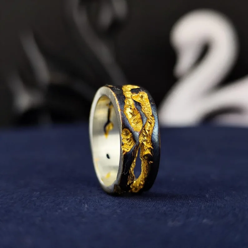 Lava Vermeil Oxidized Gold Plated Ring, Textured Statement Jewelry