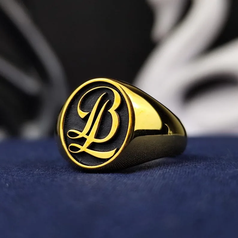 Custom Initial Signet Ring: Gold Plated Monogram Jewelry