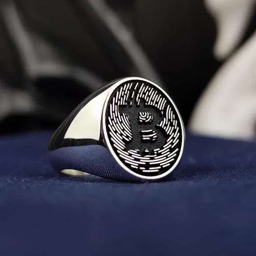 Sterling Silver Bitcoin Signet Ring, Engraved Crypto Jewelry