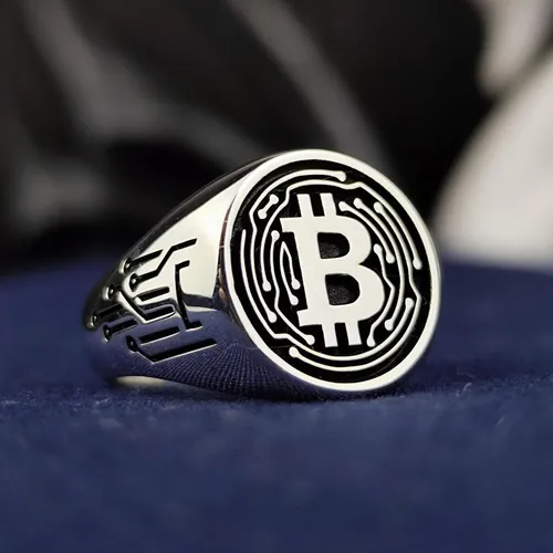 Sterling Silver Bitcoin Signet Ring, Engraved Crypto Jewelry