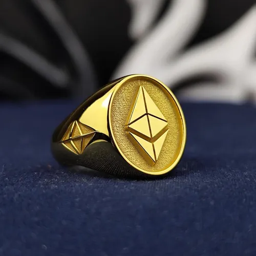 Gold Ethereum Signet Ring, Engraved Crypto Jewelry