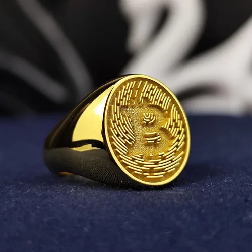 Gold Bitcoin Signet Ring, Engraved Crypto Jewelry