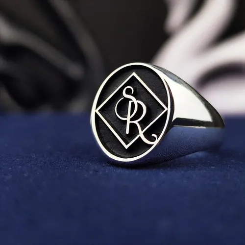 Interlocking Initial Ring - Black Enamel Letter Ring in Sterling Silver
