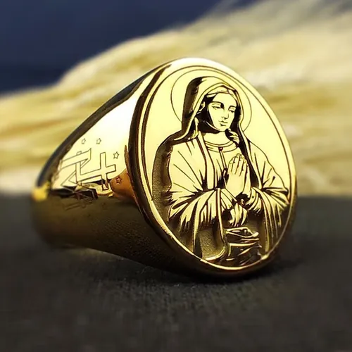 Gold Plated Virgin Mary Signet Ring: Catholic Devotional Jewelry