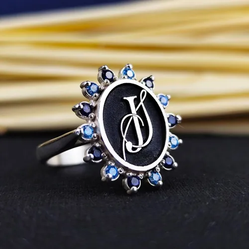 Monogram Ring with Stone: Personalized Sterling Silver Jewelry