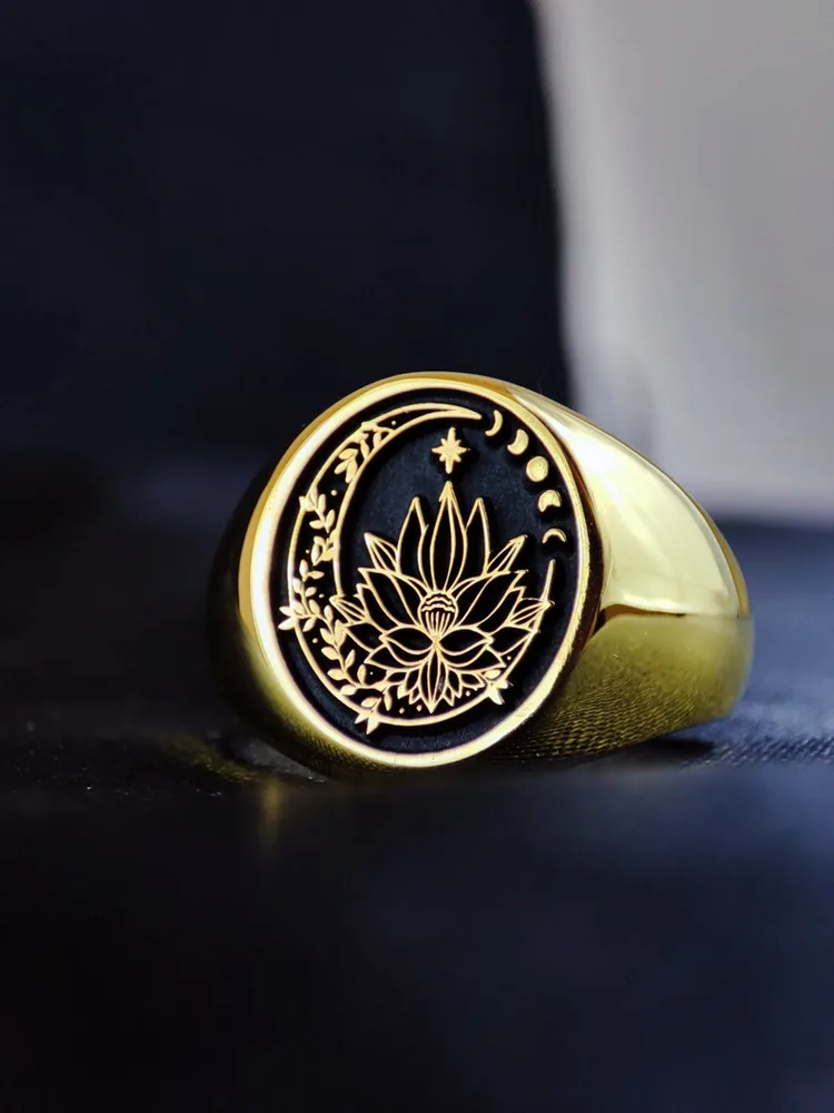 Gold Filled Lotus Flower Signet Ring For Women