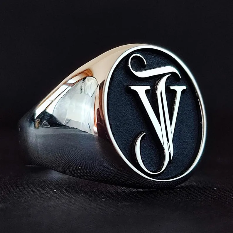 Custom Monogram Signet Ring Silver Engraved Initial