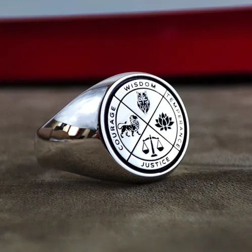 Four Stoic Virtues Signet Ring, Sterling Silver Philosophy Jewelry