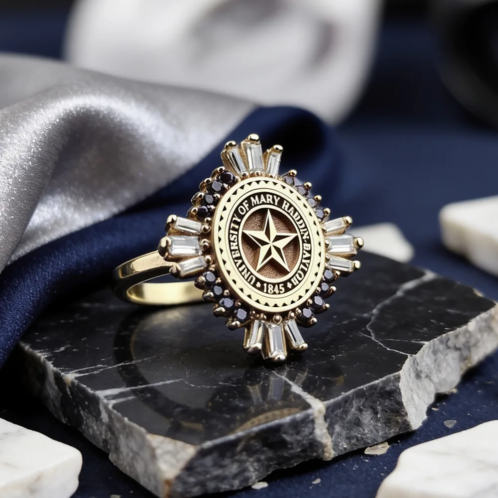 Gold Baguette Stone University Ring
