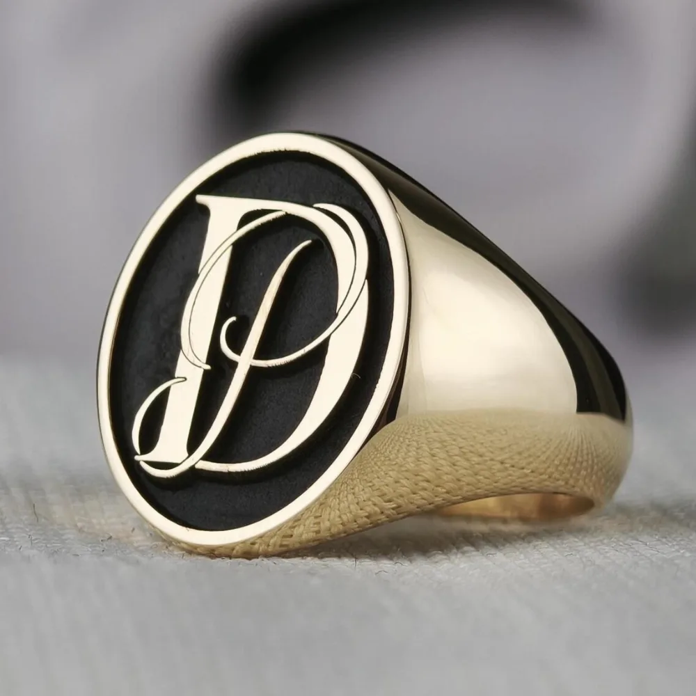 Black Enamel Script Initial Signet Ring