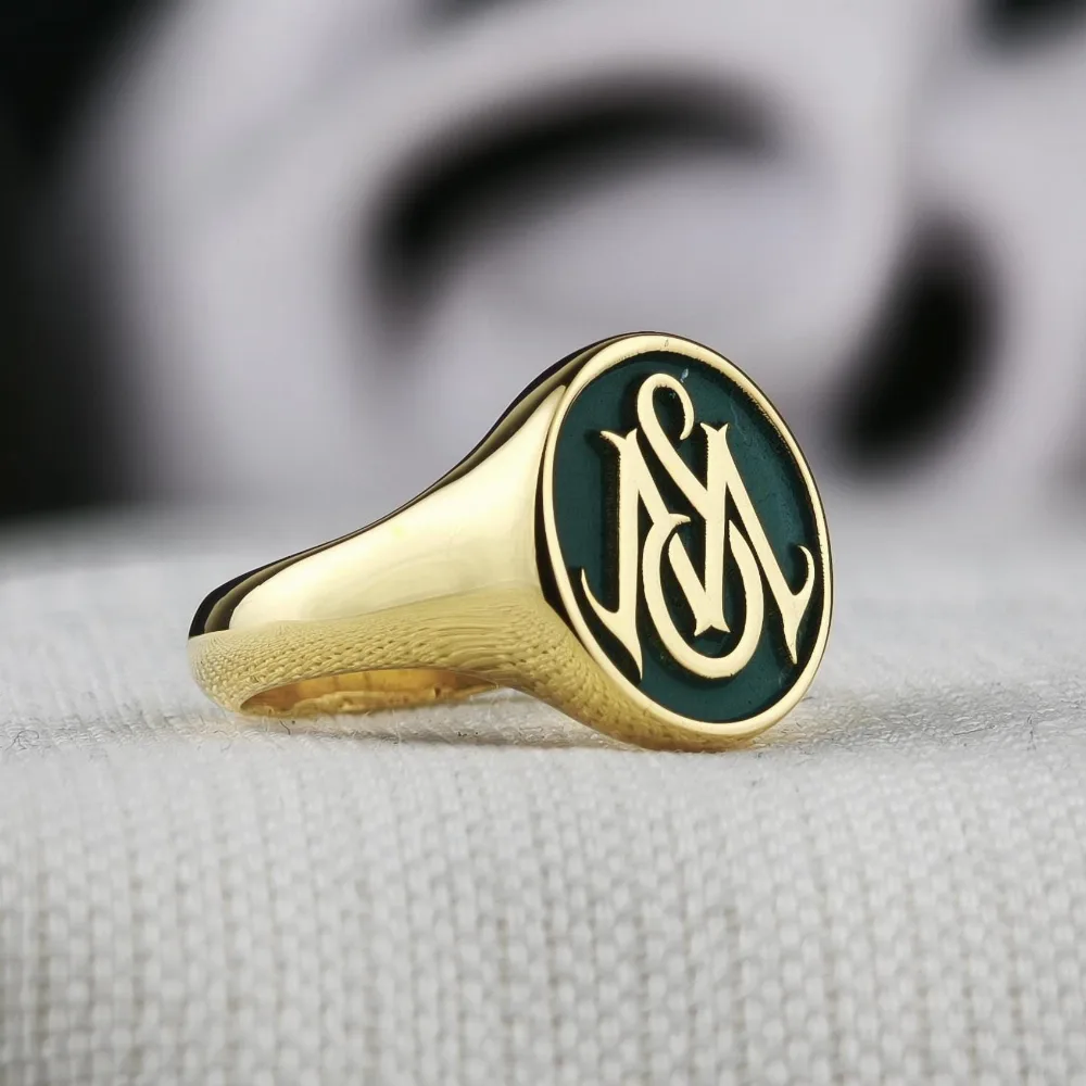 Green Enamel Raised Monogram Signet Ring