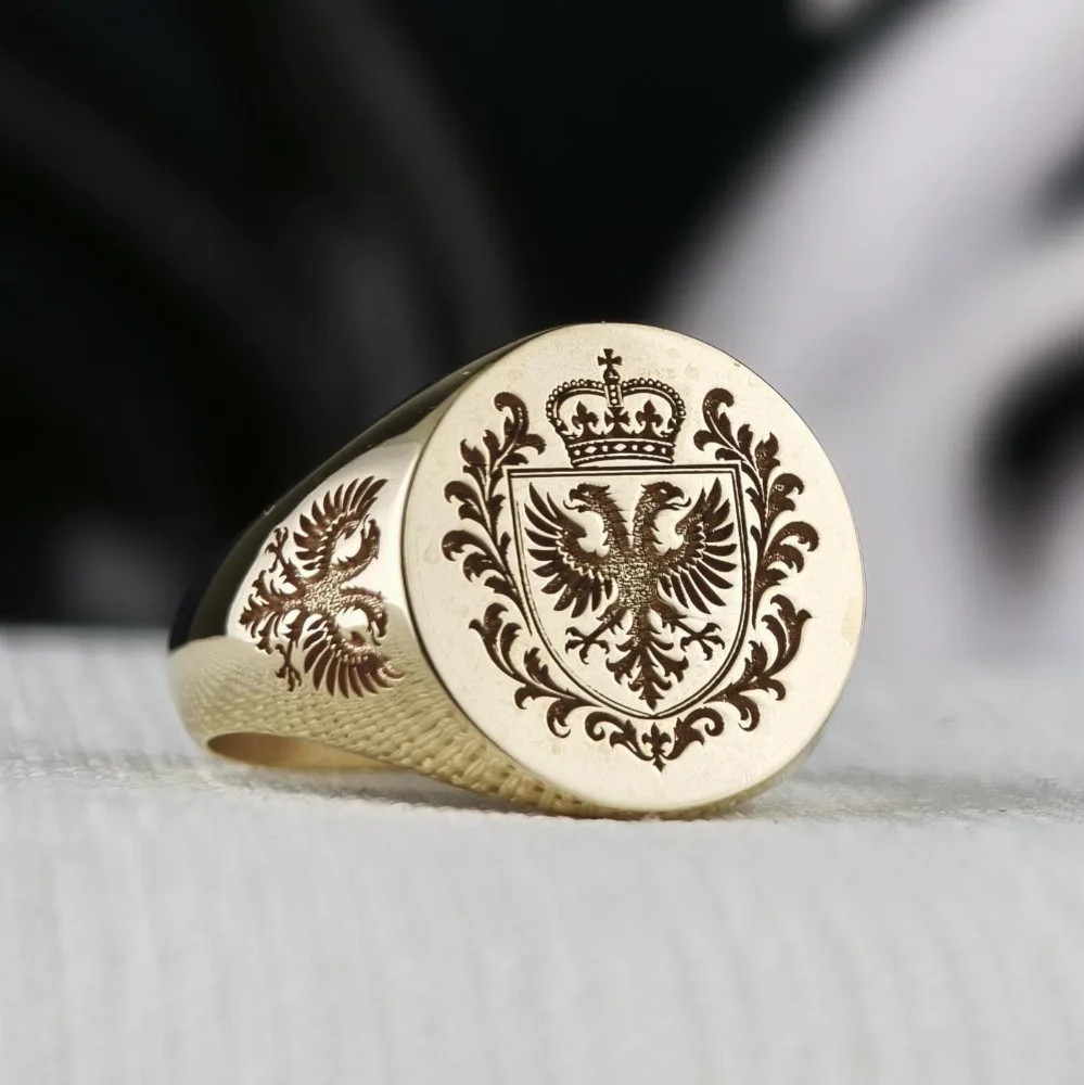 Double-Headed Eagle Family Crest Signet Ring