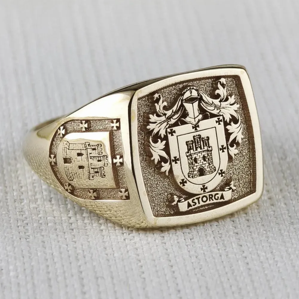Custom Square Coat of Arms Ring with Castle Engraving