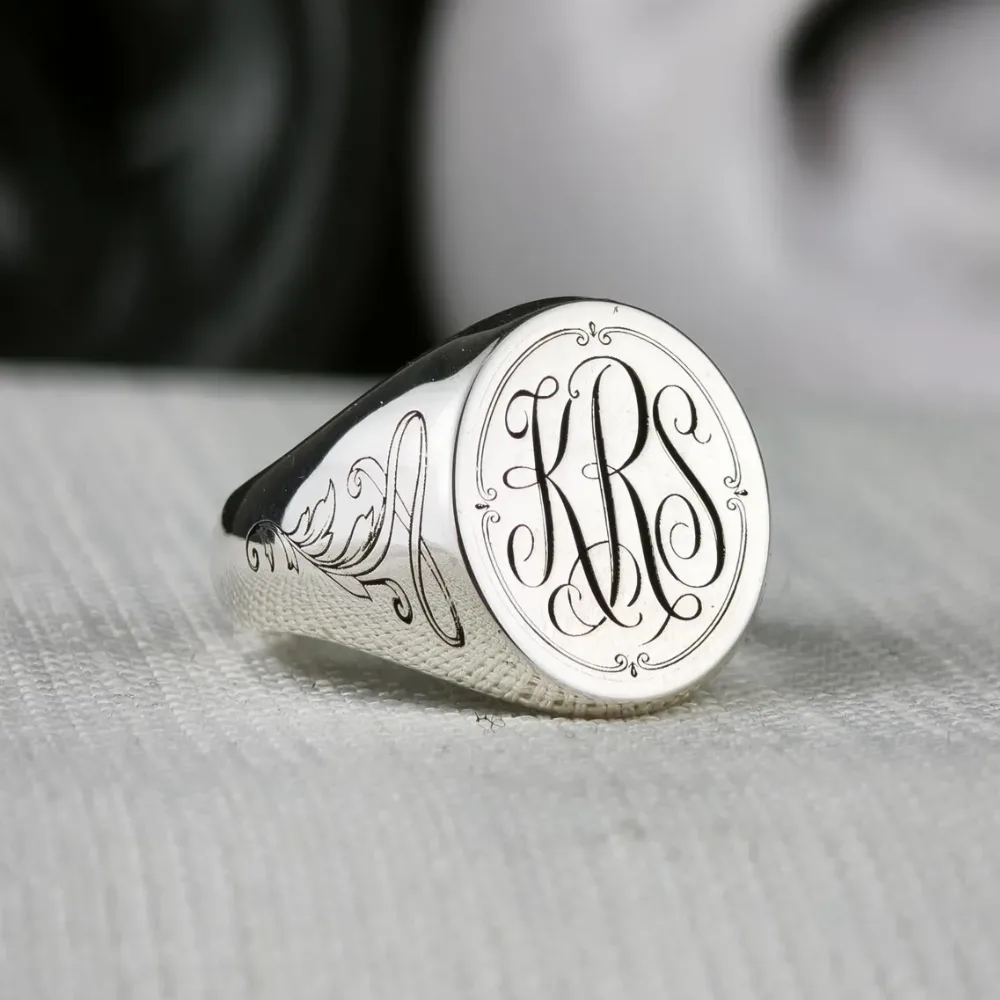 Three Letter Monogram Signet Ring with Ornate Scrollwork