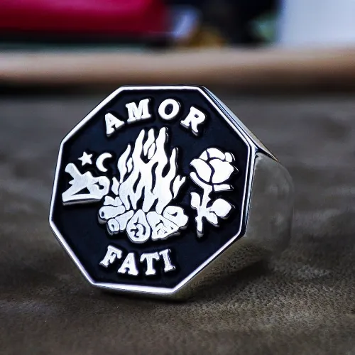 Octagonal Amor Fati Signet Ring with Flame and Rose