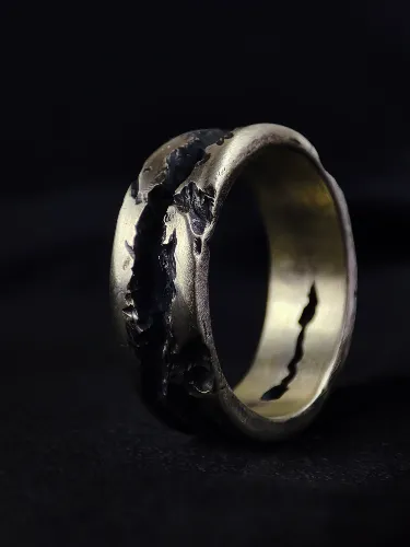 Rustic Silver Band with Oxidized Fissure Texture