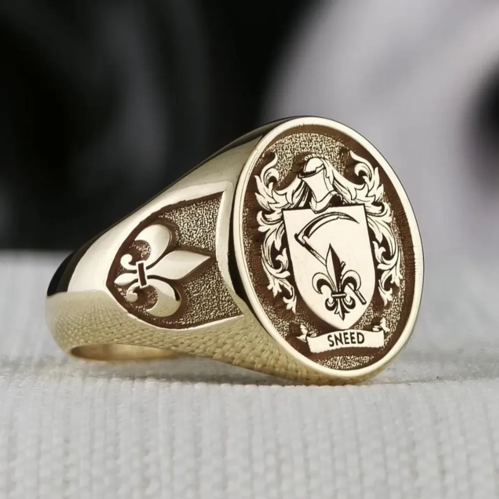 Oval Coat of Arms Ring with Fleur-de-Lis Details
